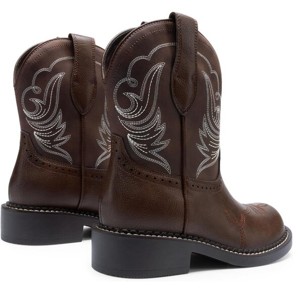 Women's Cowgirl Boots Round Toe Embroidered Mid Calf Western Boots Concert Brown - Picture 5 of 7